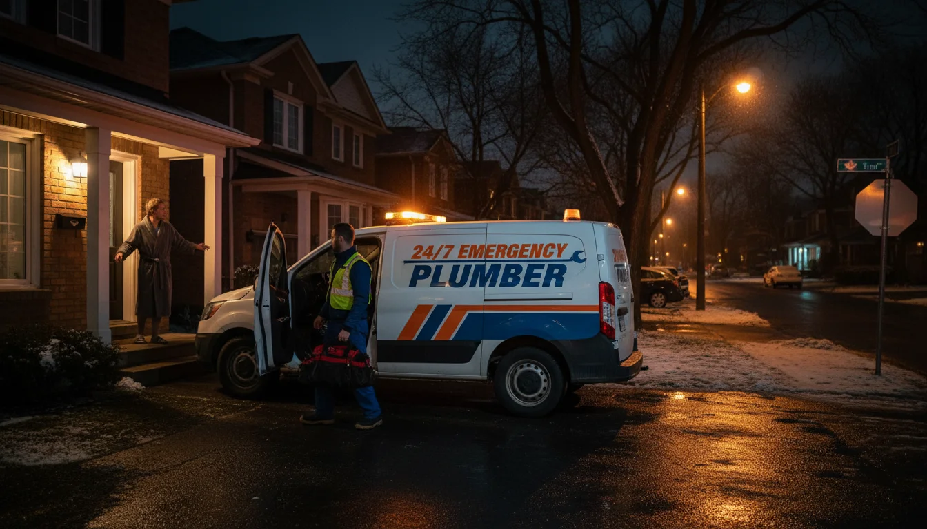 24-hour emergency plumber van arriving at Toronto home at night