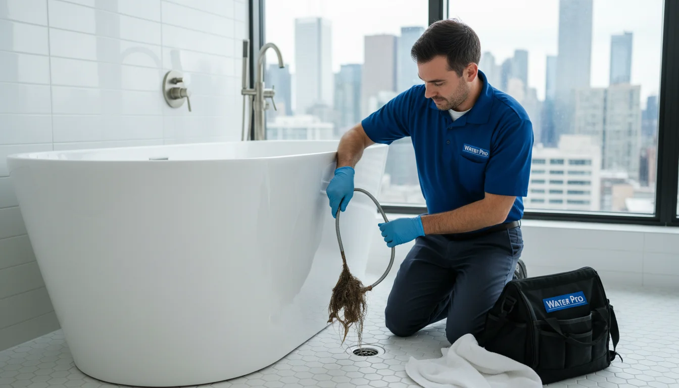 Water Pro technician clearing clogged bathroom sink drain in Toronto home using professional drain snake tool