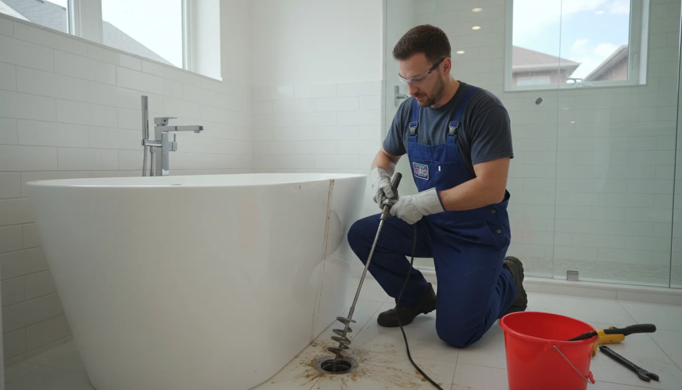Professional plumber cleaning bathroom bathtub drain in Toronto home