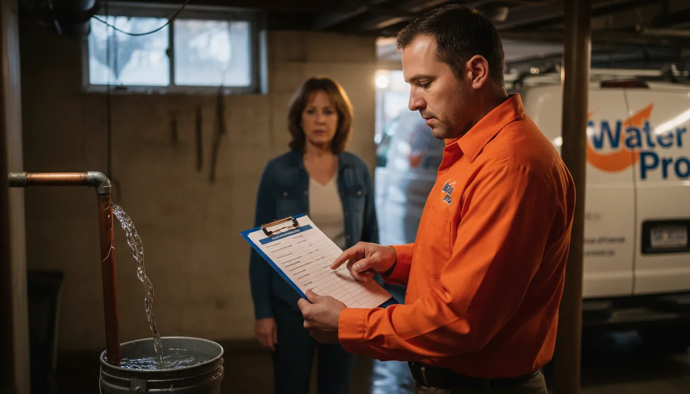 Water Pro plumber providing burst pipe repair cost estimate in Toronto basement