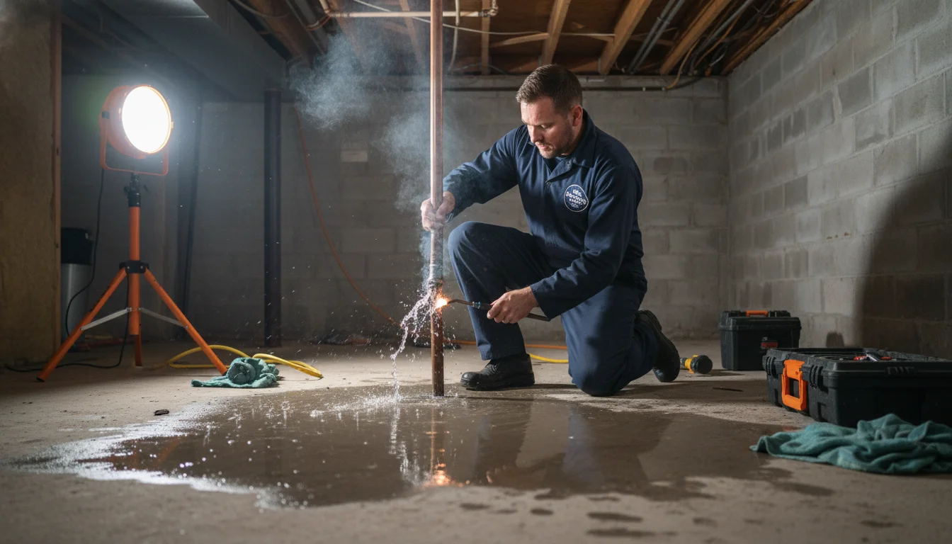 Plumber repairing a burst copper pipe in a Toronto basement during an emergency call