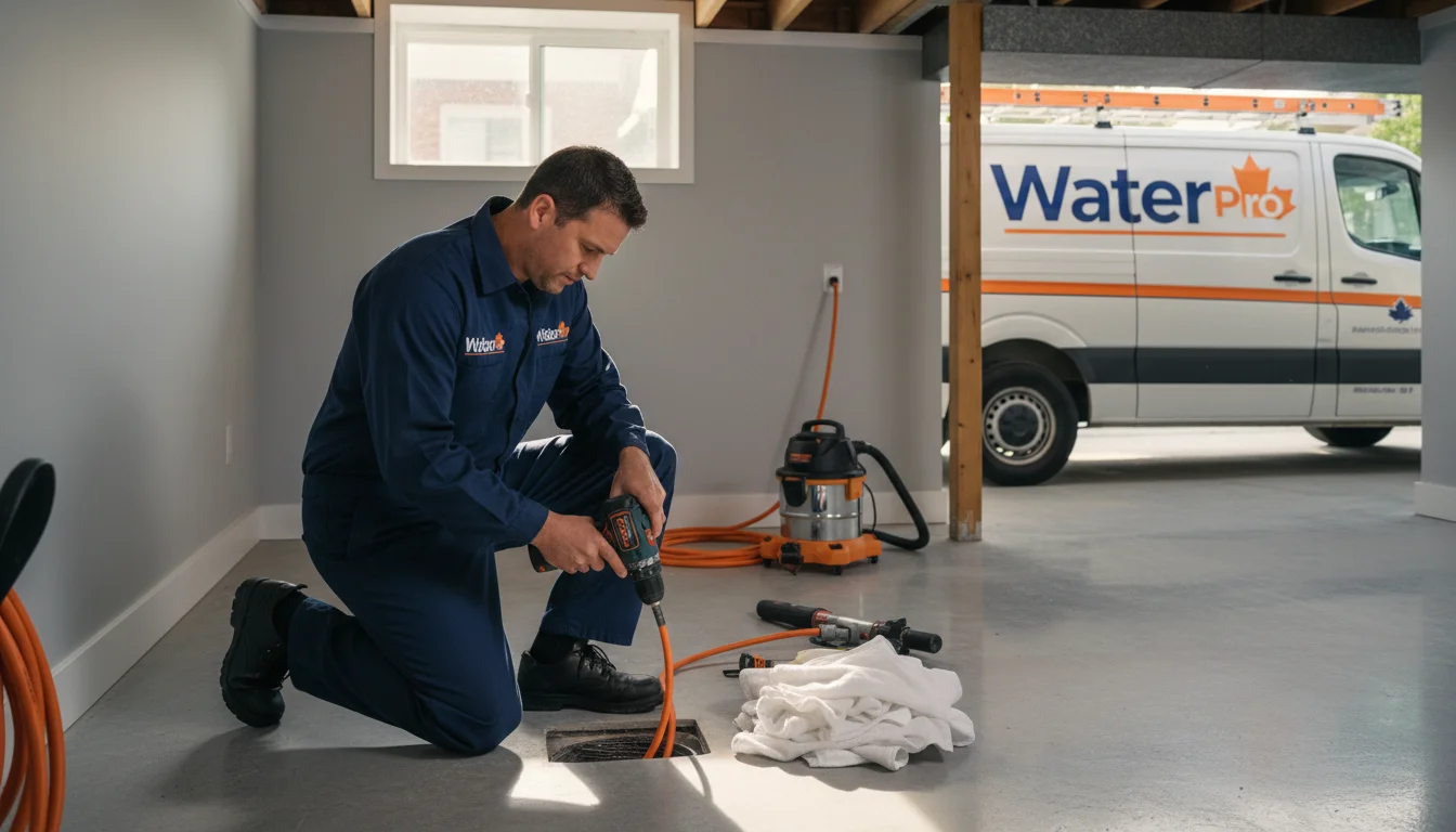 Water Pro technician performing professional drain cleaning in Toronto basement
