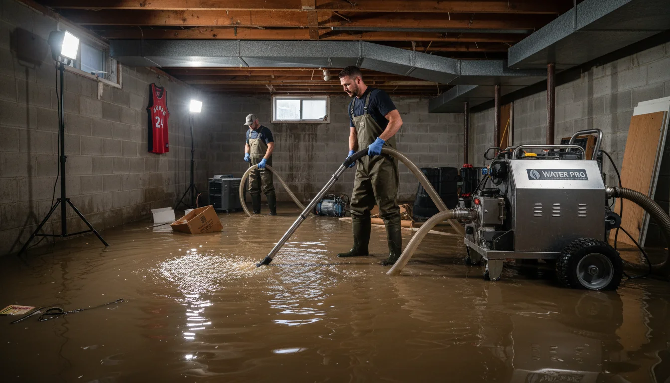 Professional water extraction service removing flood water from Toronto basement