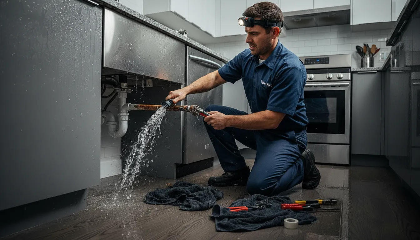 Emergency plumber repairing burst pipe with water spraying in Toronto home basement