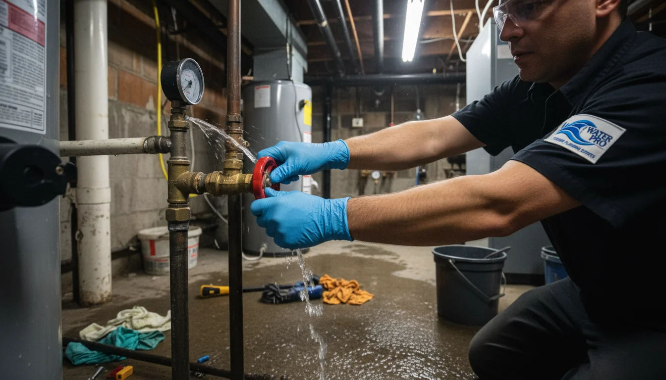 Emergency water shutoff valve being turned by professional plumber in Toronto home
