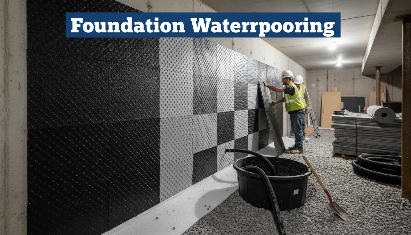 Foundation waterproofing membrane being applied to exterior wall