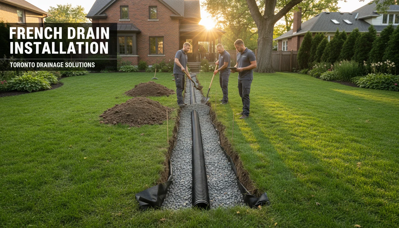 French drain trench with gravel and perforated pipe installation