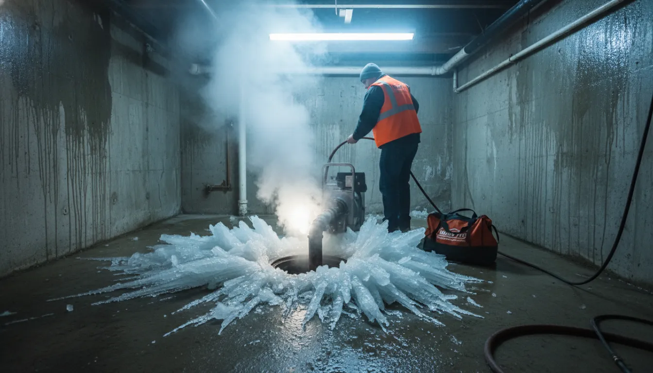 Water Pro plumber thawing frozen drain pipe with professional equipment in Toronto basement