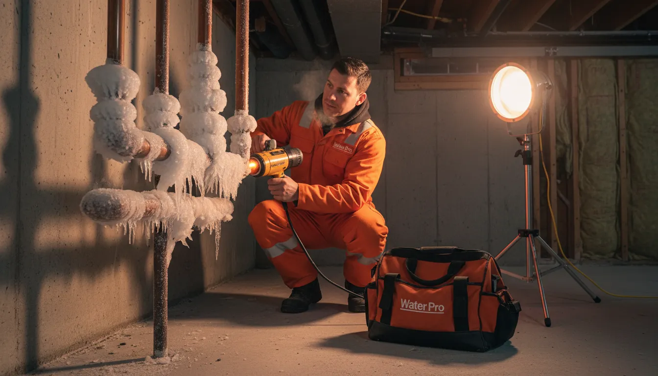 Water Pro plumber thawing frozen water supply pipes with heat tape in Toronto basement