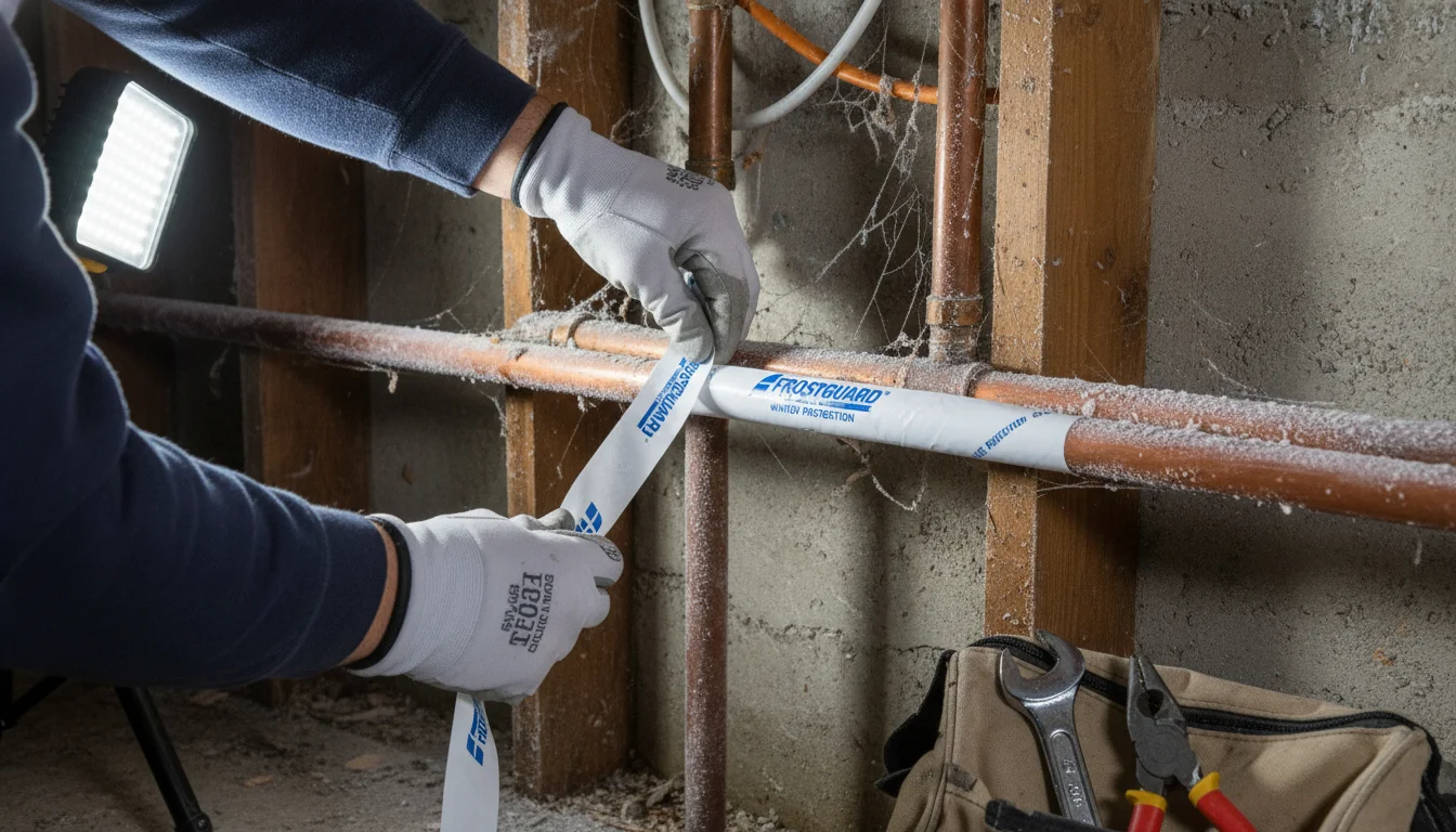 Heat tape wrapped around copper pipe in Toronto basement with insulation covering