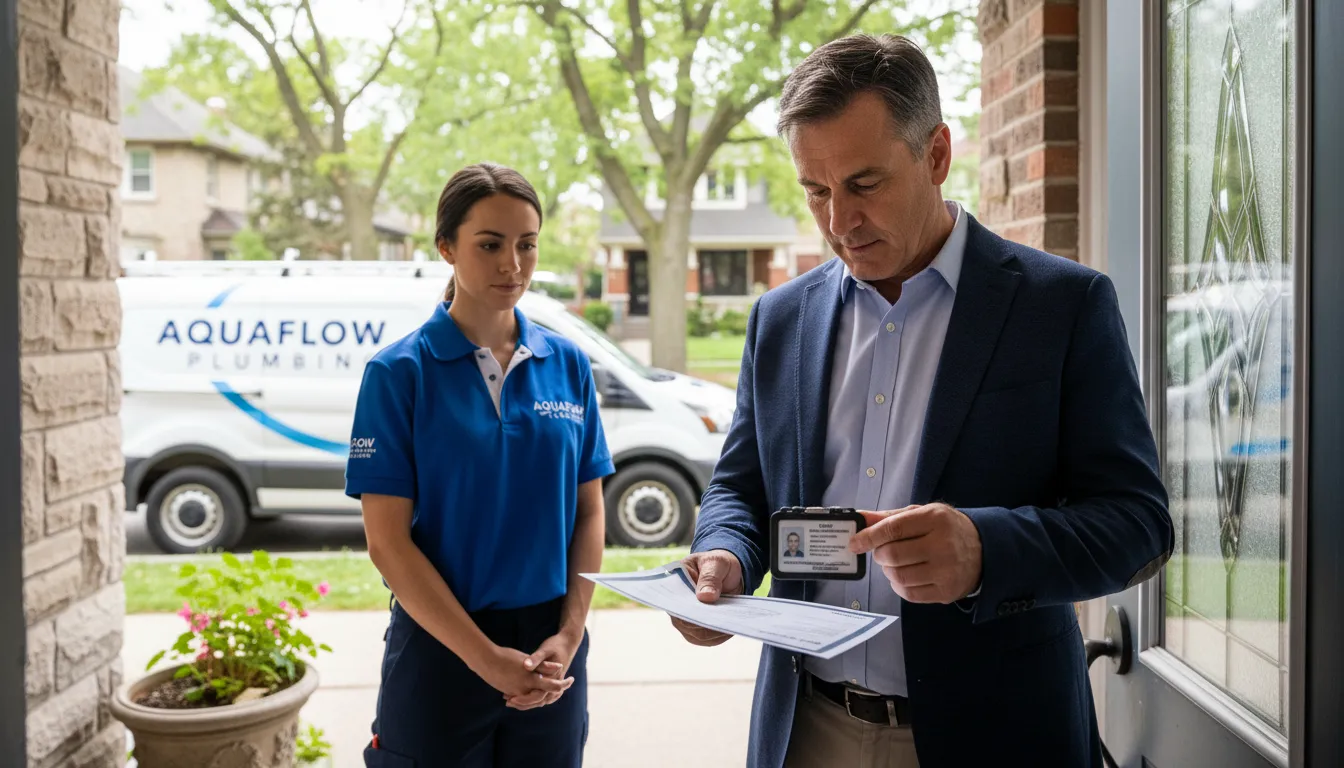 Toronto homeowner reviewing credentials with licensed plumber before hiring