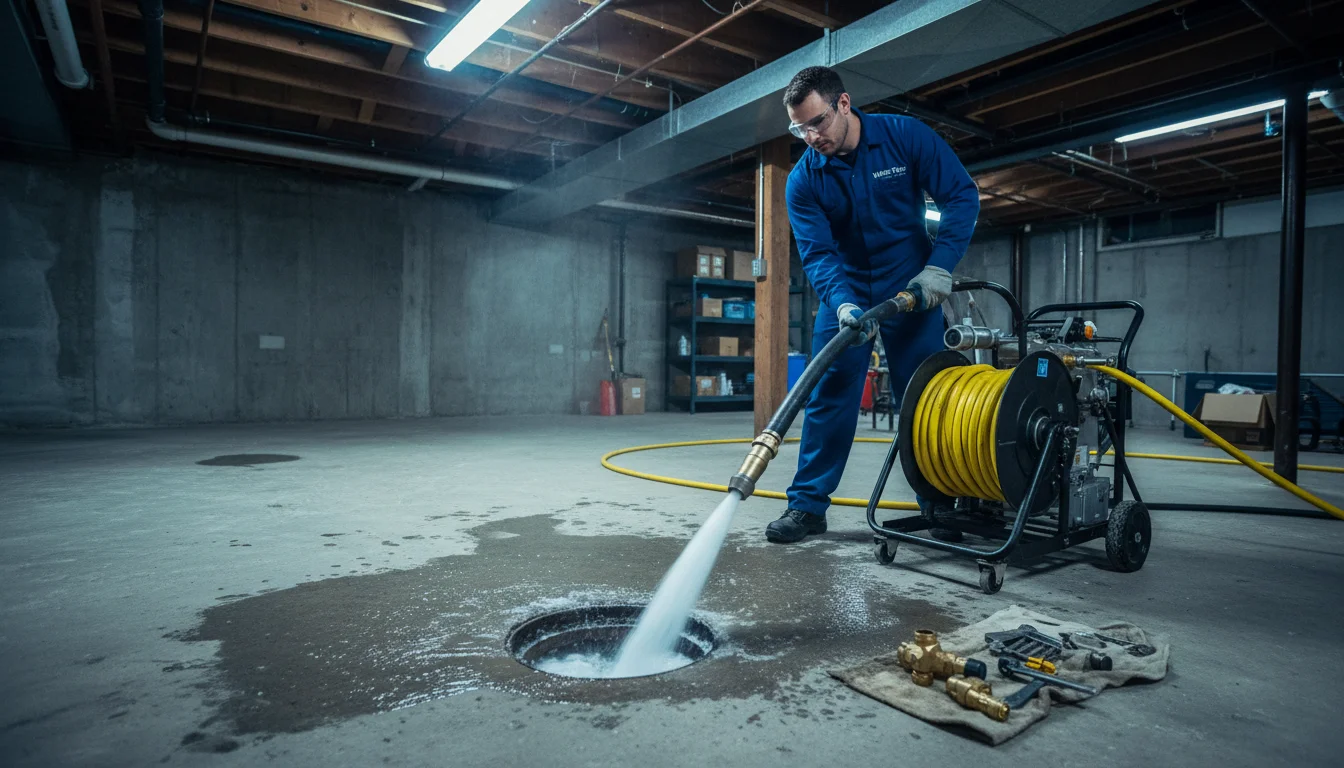 Professional Water Pro plumber operating high-pressure hydro jetting machine to clean sewer line in Toronto home basement