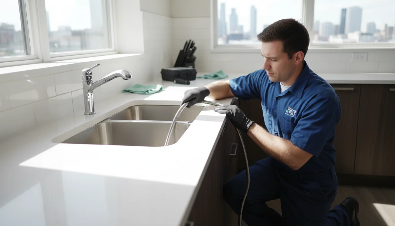 Water Pro technician cleaning clogged kitchen sink drain in Toronto home with professional equipment