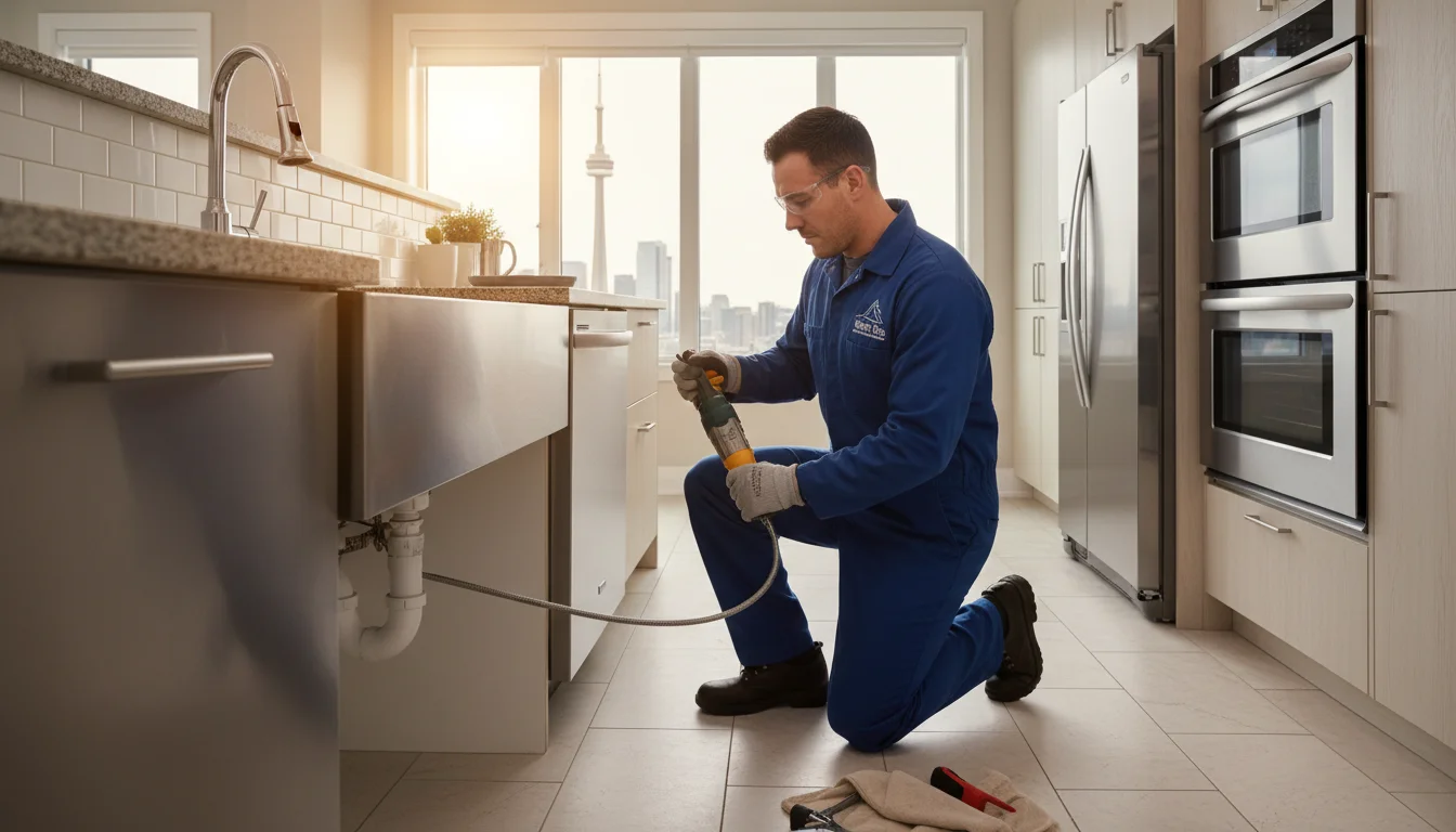 Water Pro technician cleaning kitchen sink drain in Toronto home