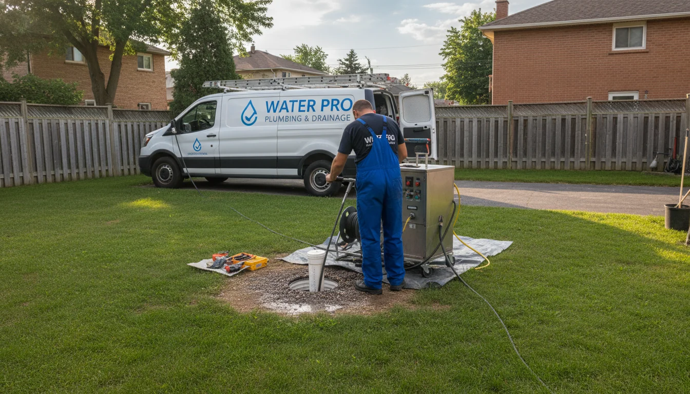 Professional main sewer line cleaning at outdoor cleanout access in Toronto backyard