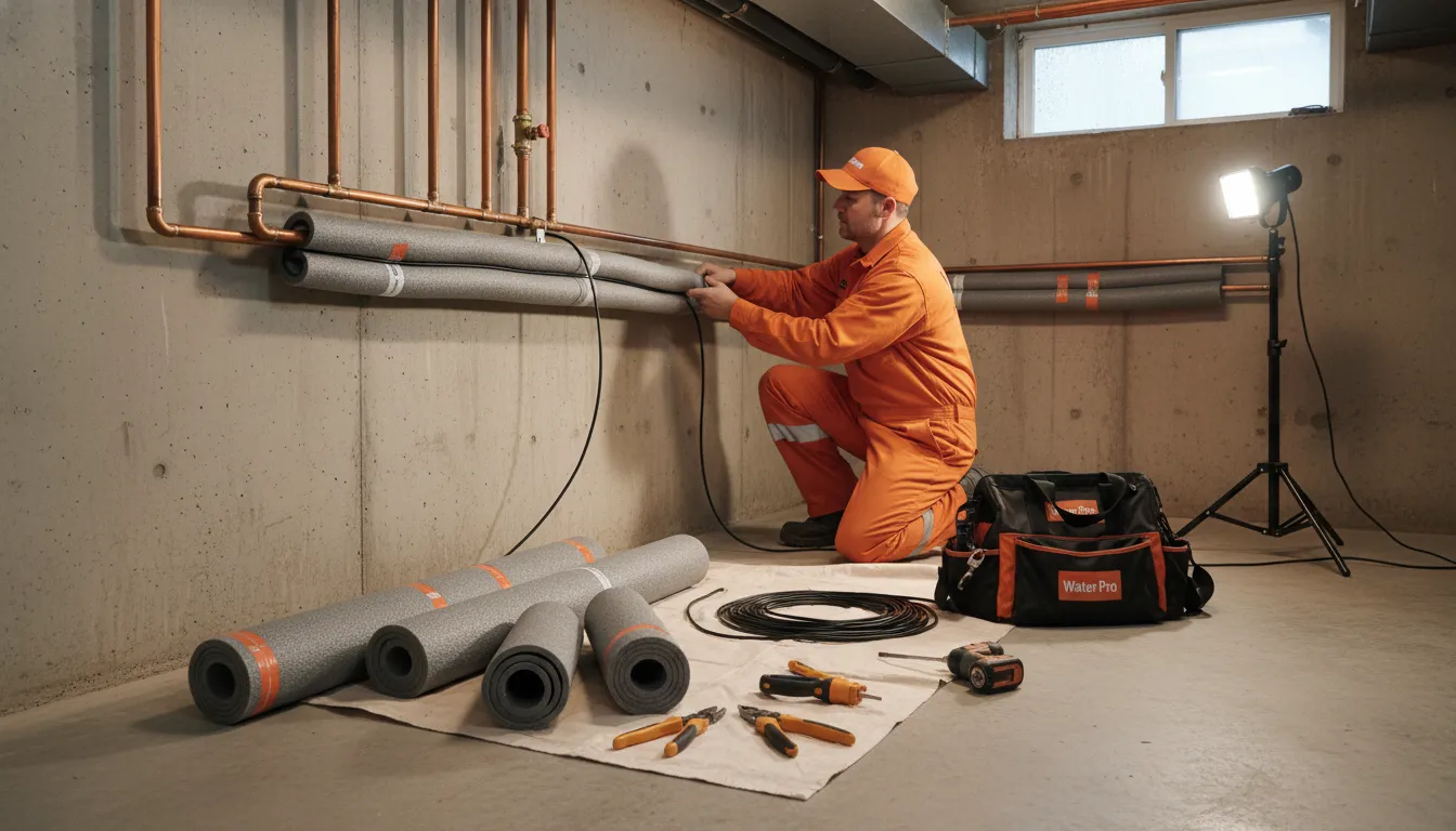 Water Pro plumber installing pipe insulation and heat cable to prevent frozen pipes in Toronto home