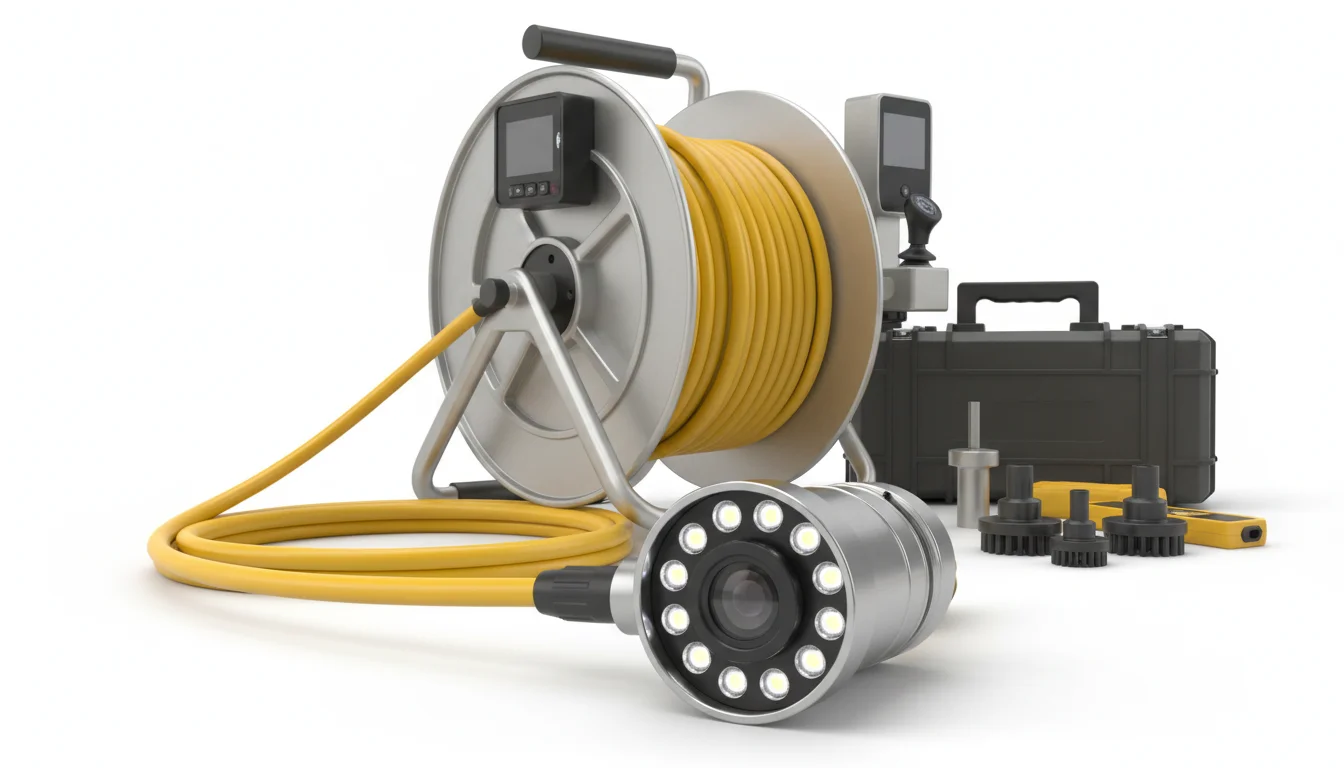 Professional sewer camera inspection equipment including HD camera, push cable, and monitor display