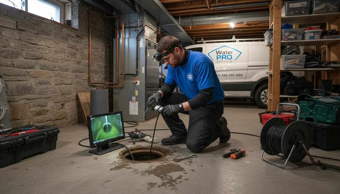 Water Pro technician inserting sewer camera into cleanout access point in Toronto home
