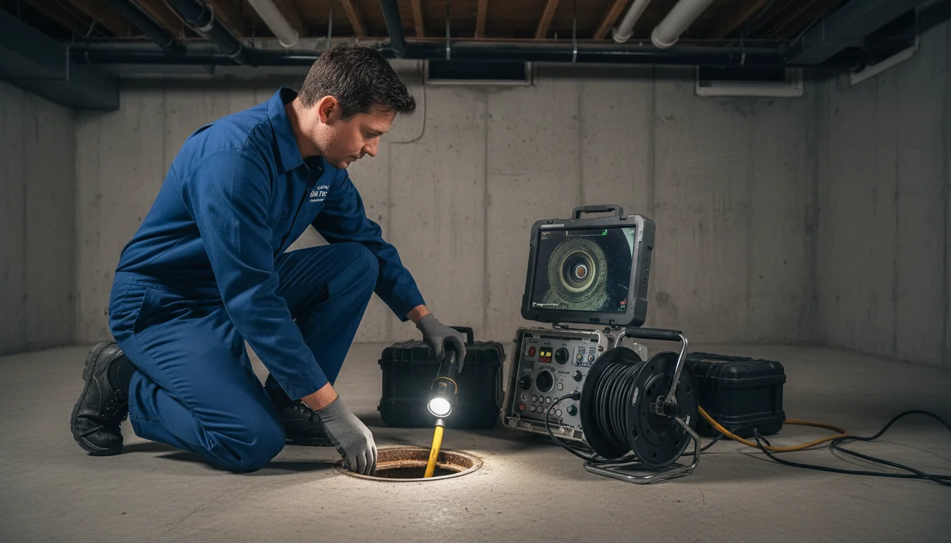 Professional Water Pro plumber performing sewer camera inspection in Toronto home basement with CCTV equipment