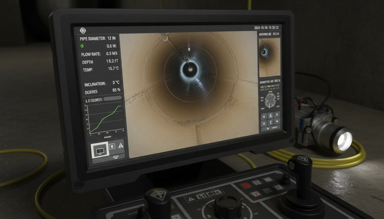 Water Pro technician showing homeowner clean sewer pipe on camera monitor