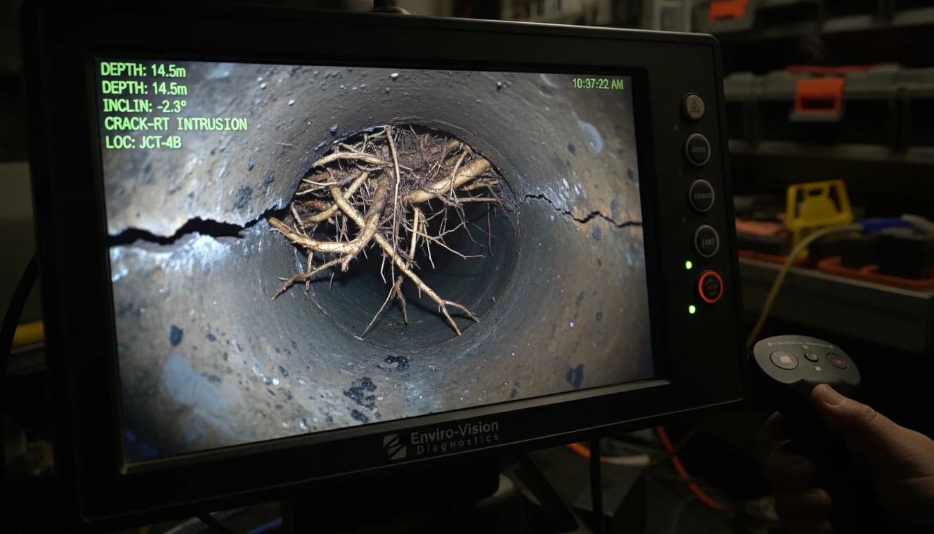 Sewer camera footage showing root damage and cracks inside Toronto home sewer pipe