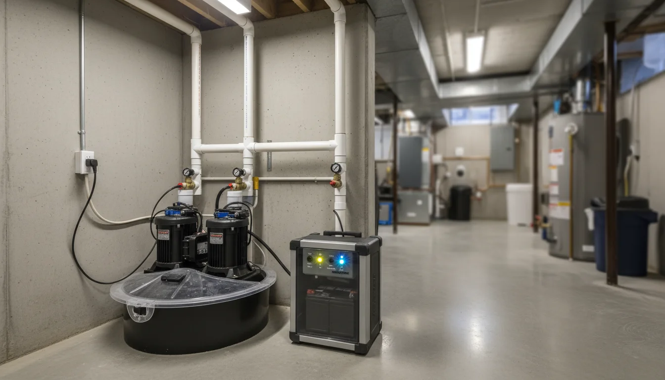 Professional sump pump backup system installation in Toronto basement with battery backup unit