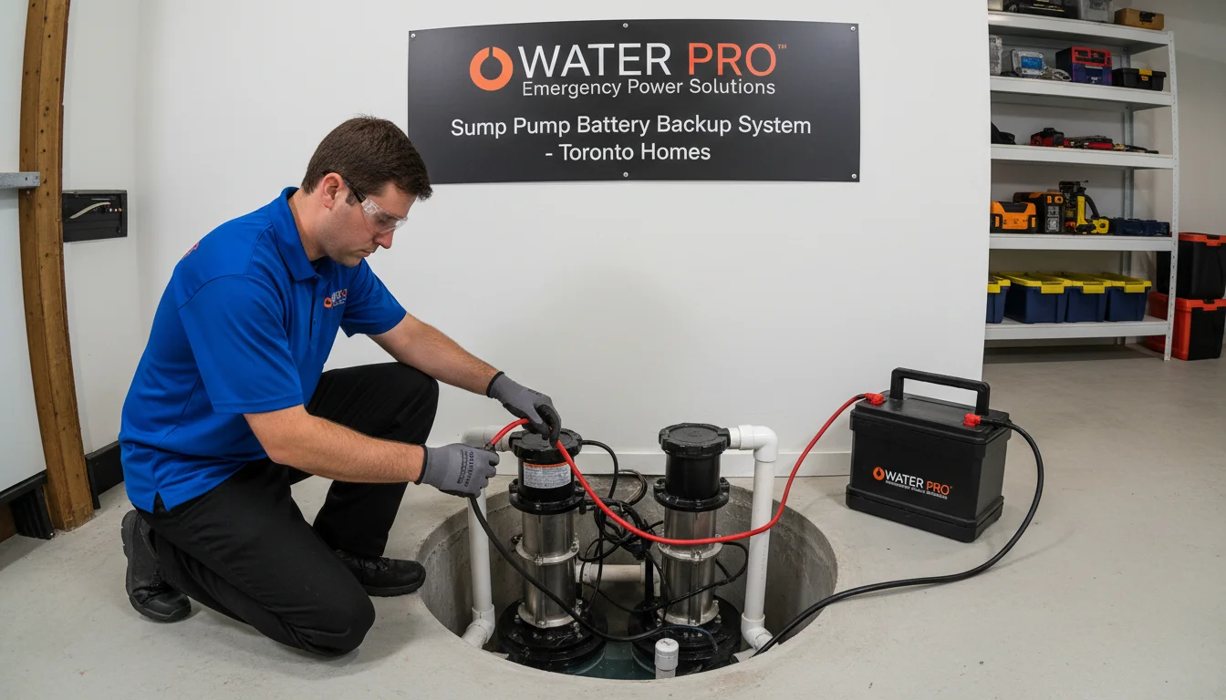 Sump pump battery backup system installation for power outage protection in Toronto basement