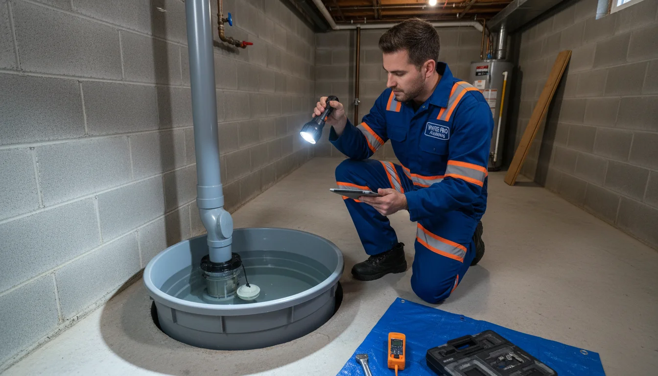 Licensed plumber inspecting sump pump pit depth, liner condition, and gravel base in Toronto basement