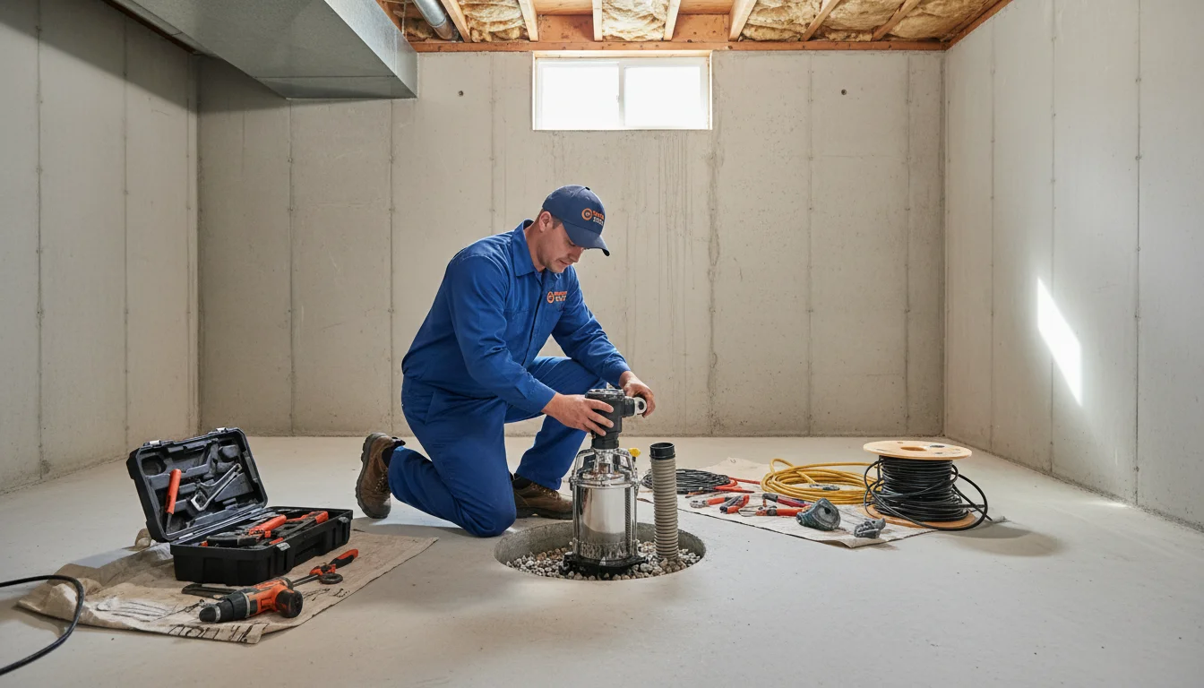 Sump pump installation in Toronto basement with weeping tile connection