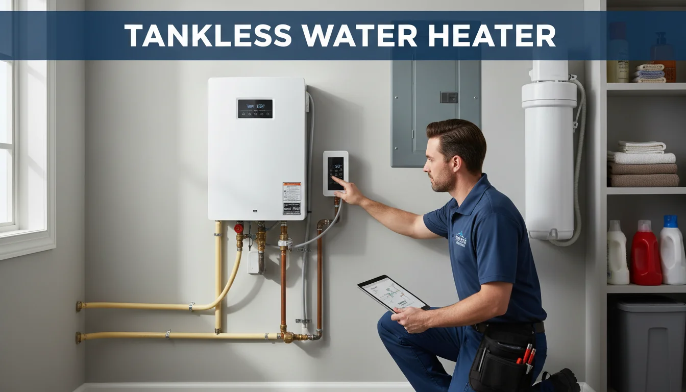 Tankless water heater installation on wall showing compact design