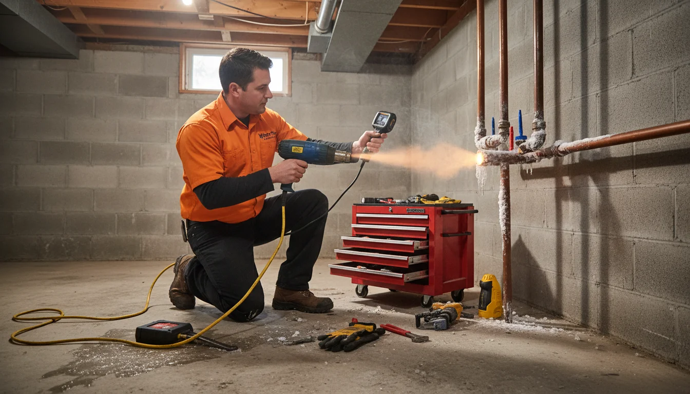 Frozen sump pump discharge line covered in ice showing why winterization is critical in Toronto