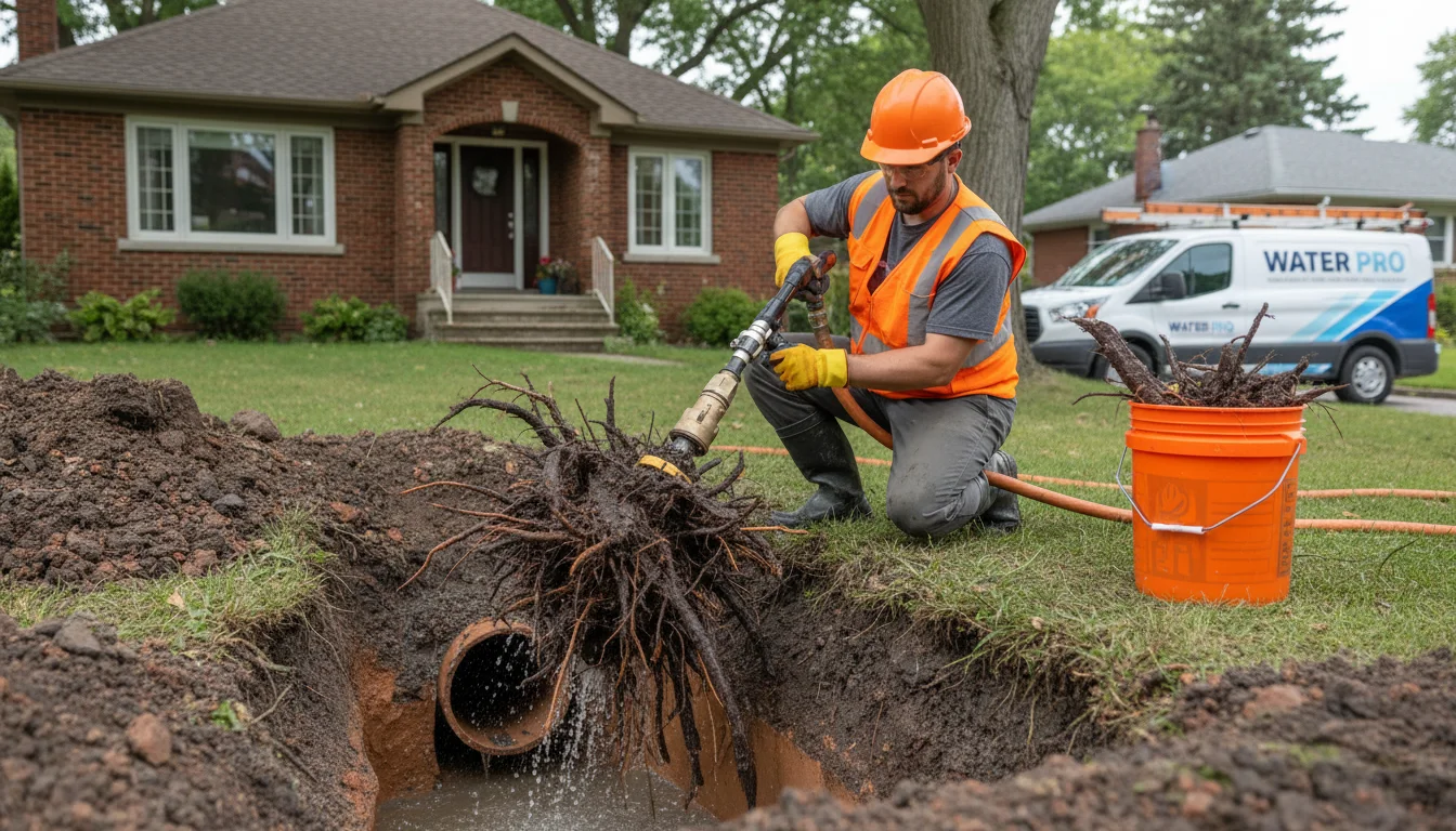 Water Pro technician removing tree roots from sewer line discovered during camera inspection in Toronto