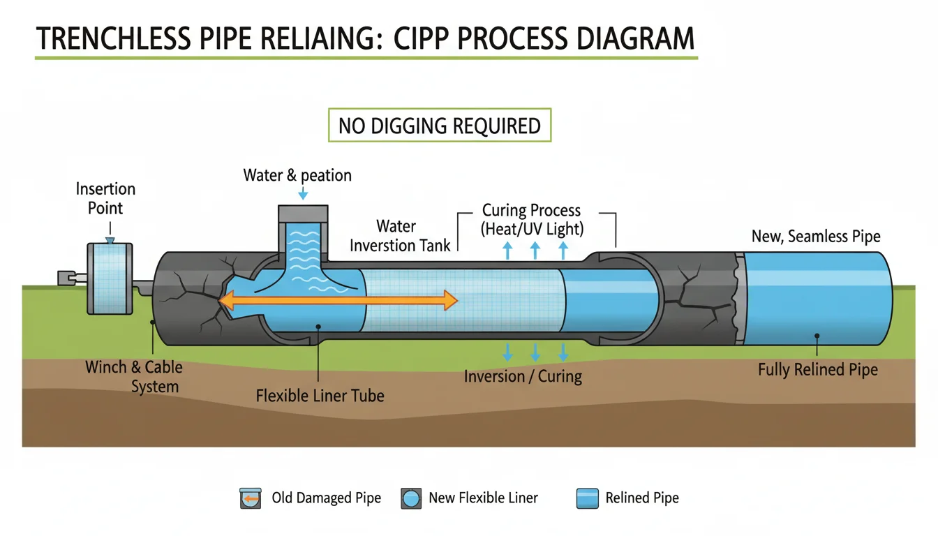 Diagram showing CIPP trenchless pipe relining process from insertion to curing