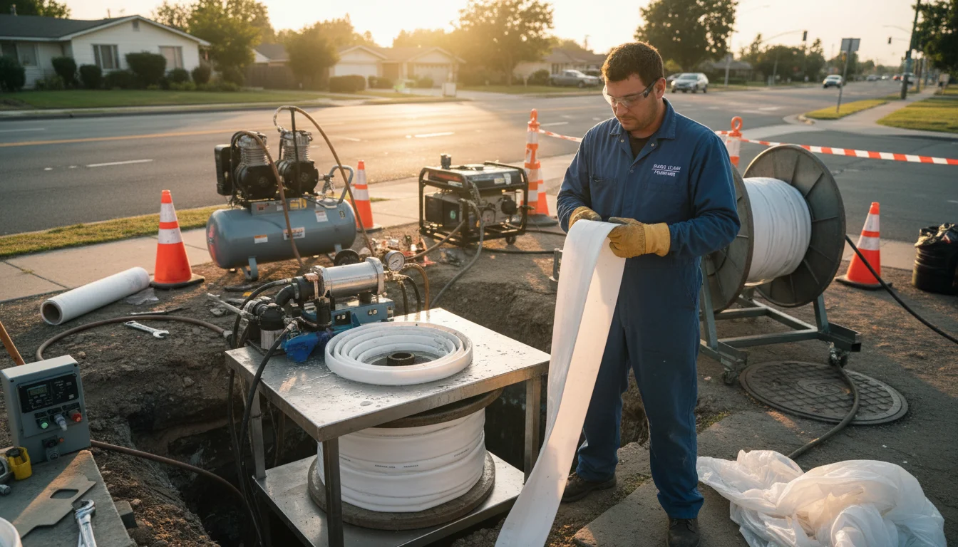 Water Pro technician preparing CIPP liner with epoxy resin for sewer repair