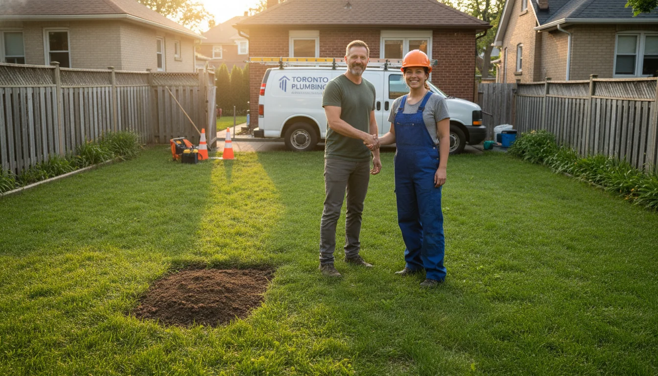 Satisfied Toronto homeowner with Water Pro technician after successful trenchless sewer repair