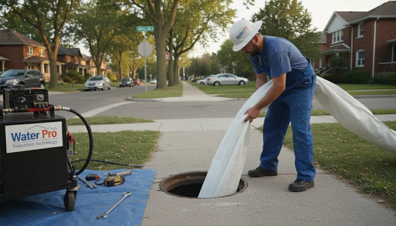 Water Pro technician inserting epoxy liner into sewer pipe for trenchless repair