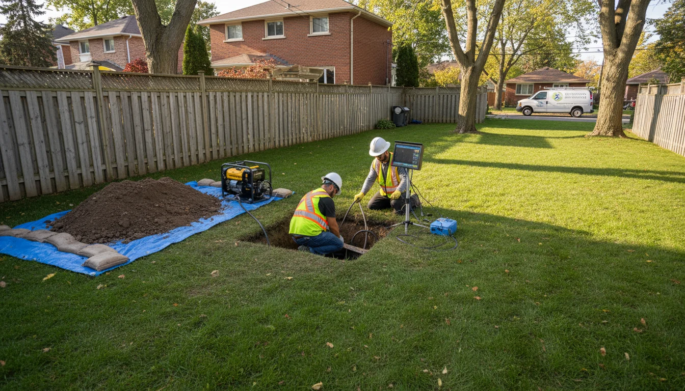 Small access pit for pipe bursting trenchless sewer repair preserving Toronto lawn