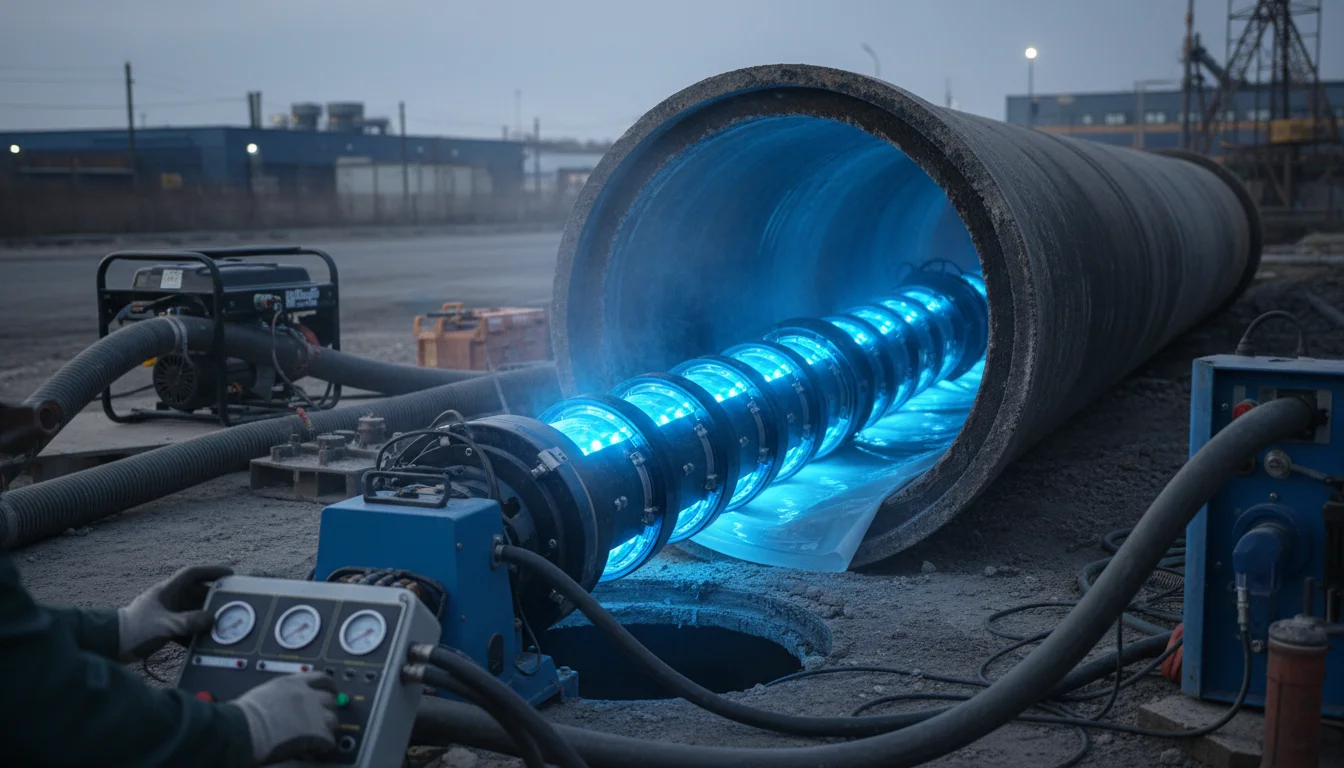 UV light curing equipment hardening epoxy liner inside sewer pipe