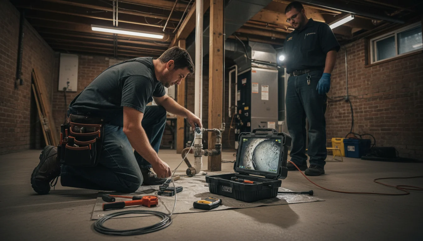 Professional plumber performing water line camera inspection in Toronto home