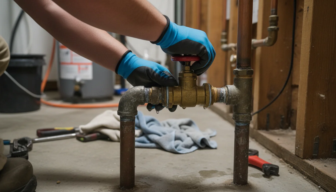 Professional plumber replacing main water shut-off valve in Toronto basement