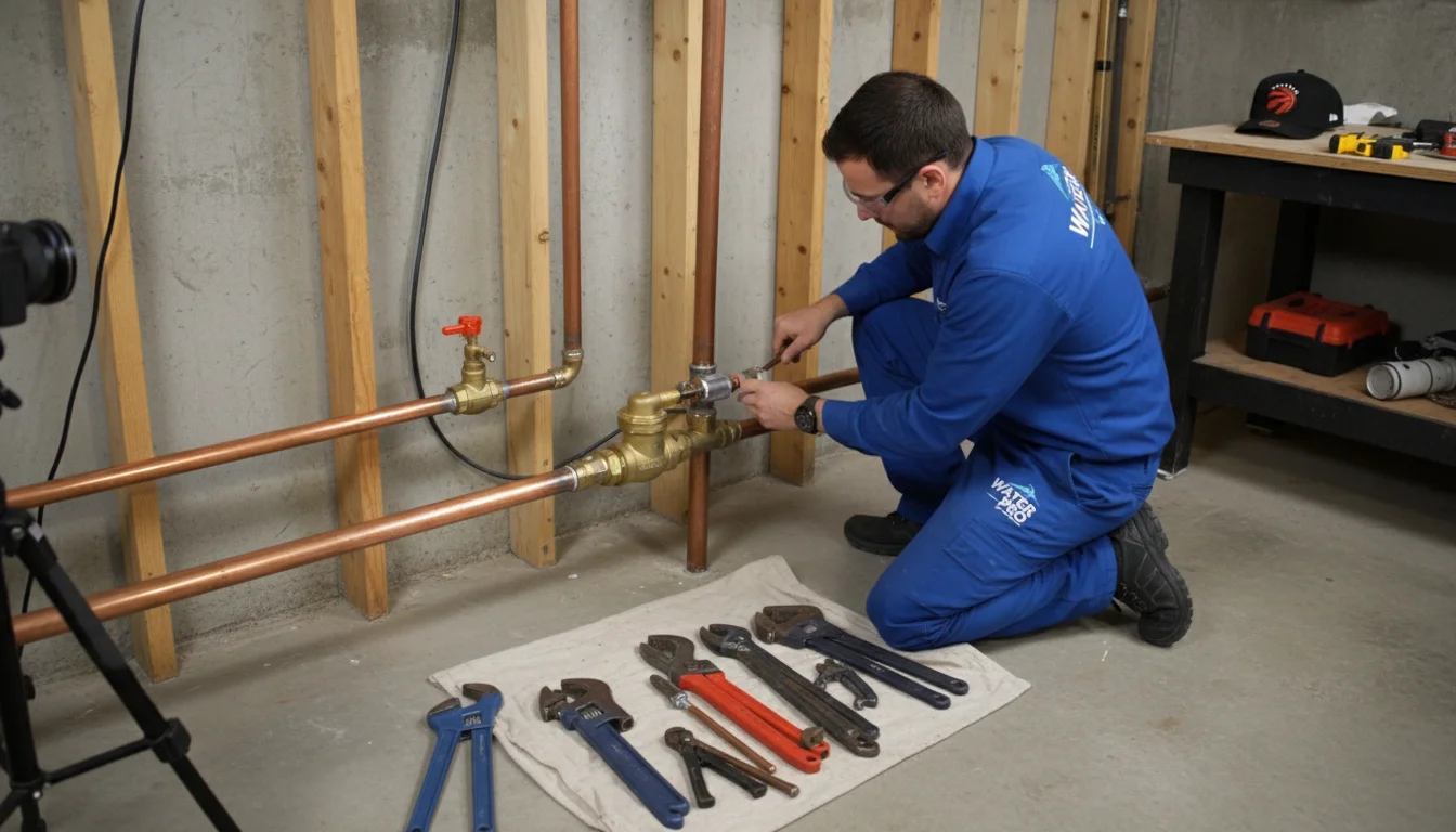 Professional replacing water shut-off valve on residential water line in Toronto